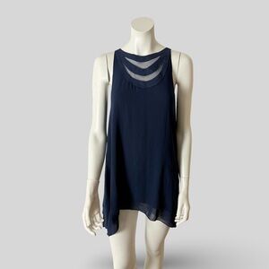 Studio M New Navy Sleeveless Embroidered Mesh Neck Top